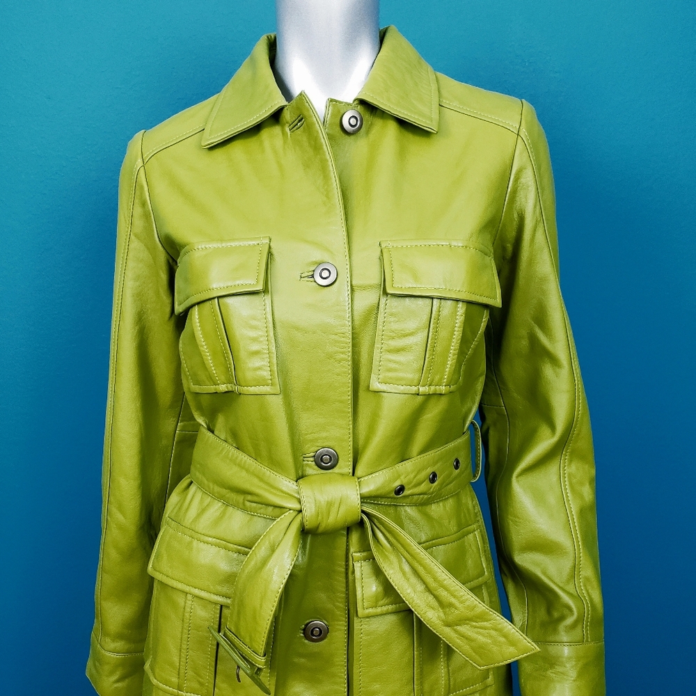 🆕️🌿🍀 MUUBAA Green Utility Tie Waist Leather Coat // (GENUINE LEATHER) //(NWT) - Picture 5 of 12